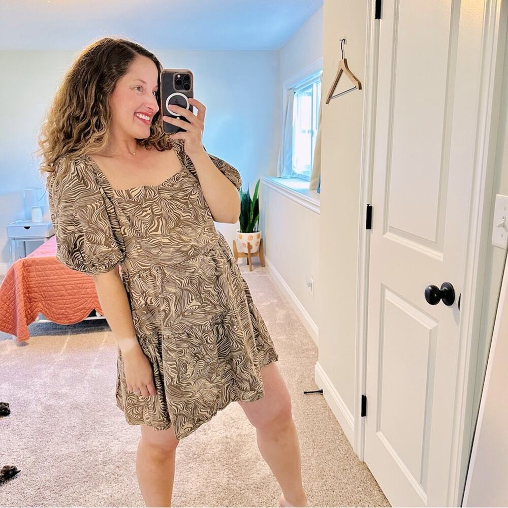 Revolve House of Harlow 1960 Brown Patterned Square Neck Linen Mini Dress Large